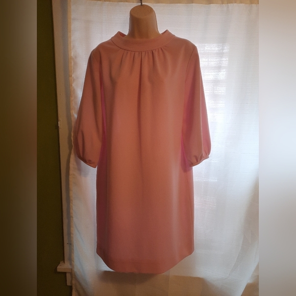 Vintage Pink Sheath Dress with Bishop Sleeves and Mock Neck - Picture 4 of 12